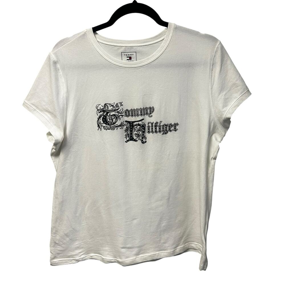 Tommy Hilfiger Y2K White Black Studded Logo Cotton Blend Short Sleeve Tee XL
